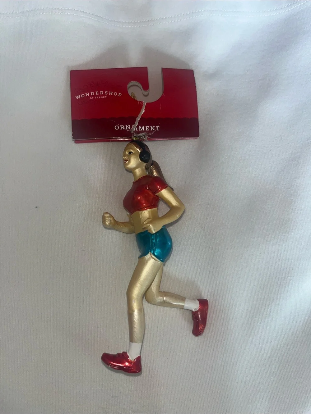 Wondershop Runner Girl Christmas Ornament with Red Top and Teal Shorts NWT